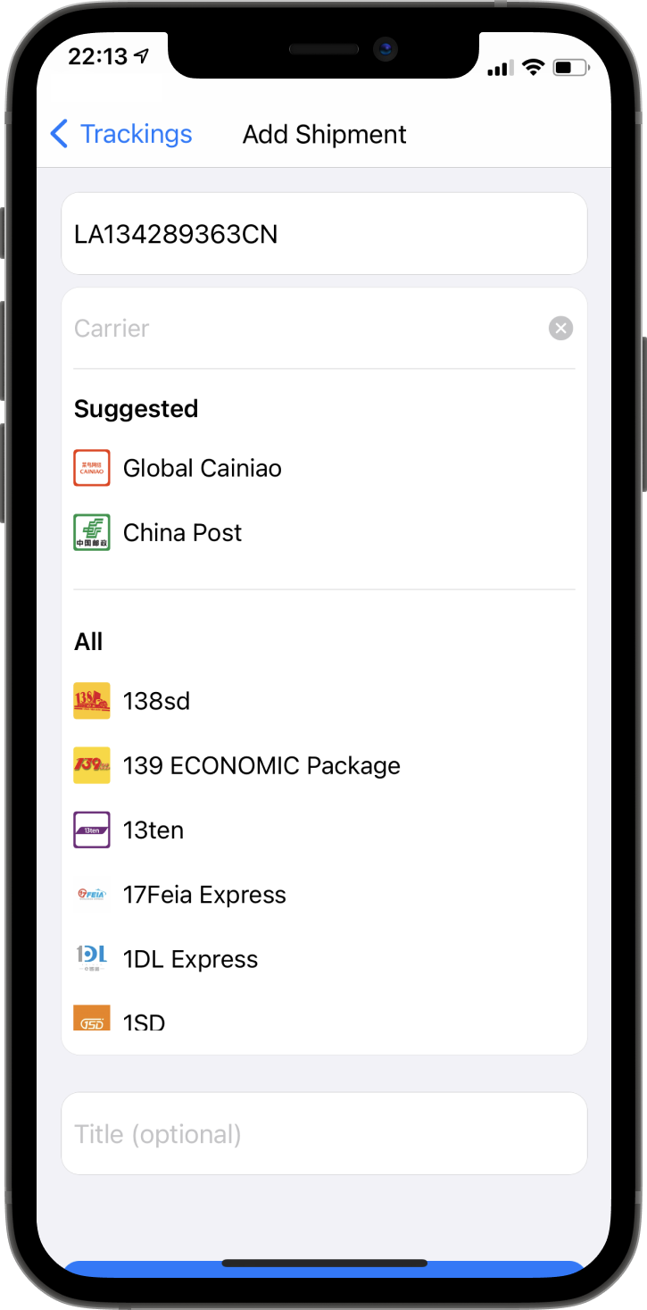 Package Traker App. Available Carriers.